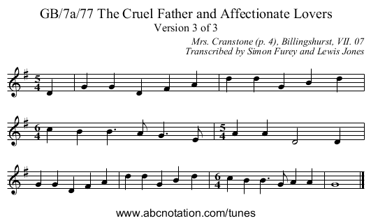 GB/7a/77 The Cruel Father and Affectionate Lovers - staff notation