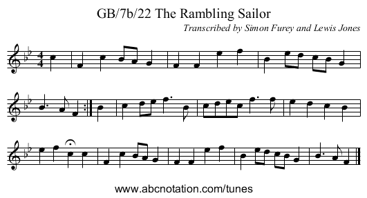 GB/7b/22 The Rambling Sailor - staff notation