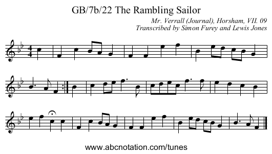GB/7b/22 The Rambling Sailor - staff notation