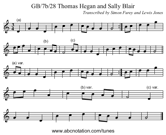 GB/7b/28 Thomas Hegan and Sally Blair - staff notation