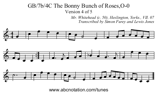 GB/7b/4C The Bonny Bunch of Roses,O-0 - staff notation
