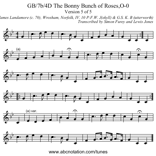 GB/7b/4D The Bonny Bunch of Roses,O-0 - staff notation