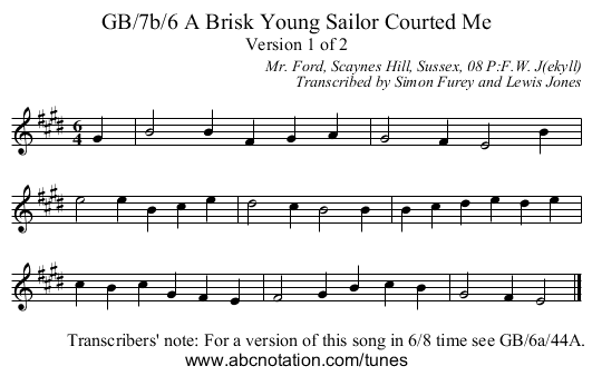GB/7b/6 A Brisk Young Sailor Courted Me - staff notation