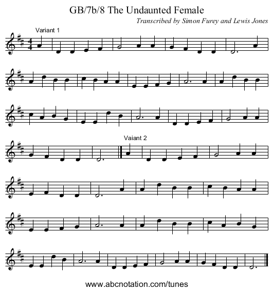 GB/7b/8 The Undaunted Female - staff notation