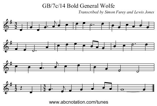 GB/7c/14 Bold General Wolfe - staff notation