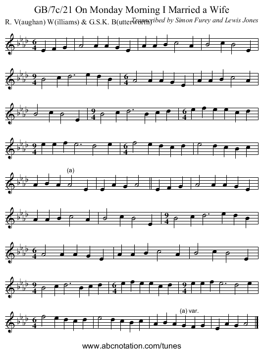 GB/7c/21 On Monday Morning I Married a Wife - staff notation