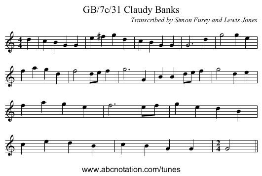 GB/7c/31 Claudy Banks - staff notation