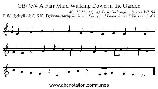 GB/7c/4 A Fair Maid Walking Down in the Garden - staff notation