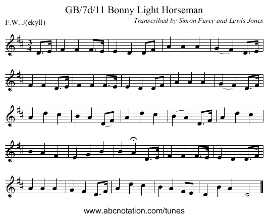 GB/7d/11 Bonny Light Horseman - staff notation