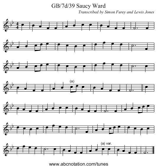 GB/7d/39 Saucy Ward - staff notation