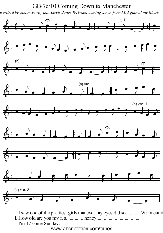 GB/7e/10 Coming Down to Manchester - staff notation