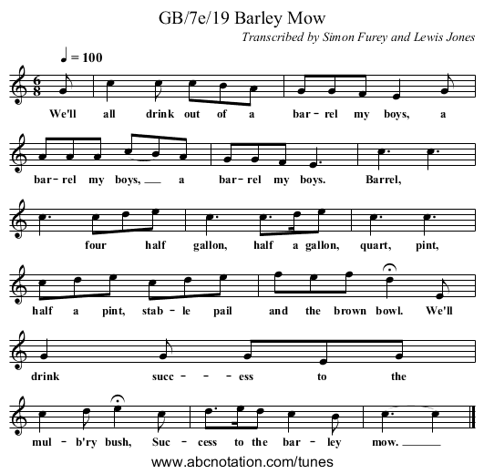 GB/7e/19 Barley Mow - staff notation