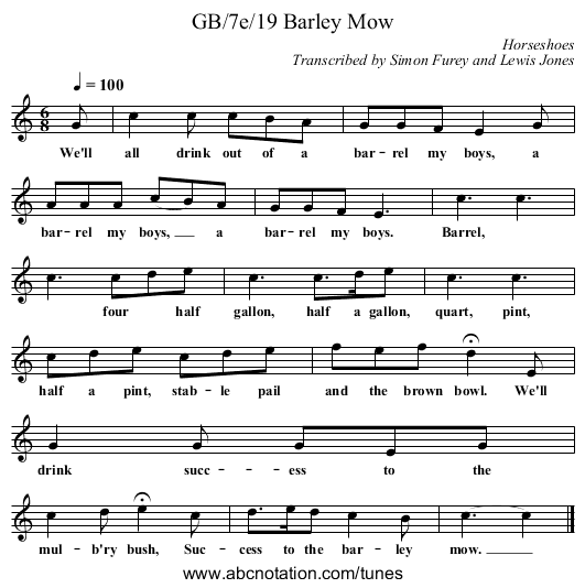 GB/7e/19 Barley Mow - staff notation