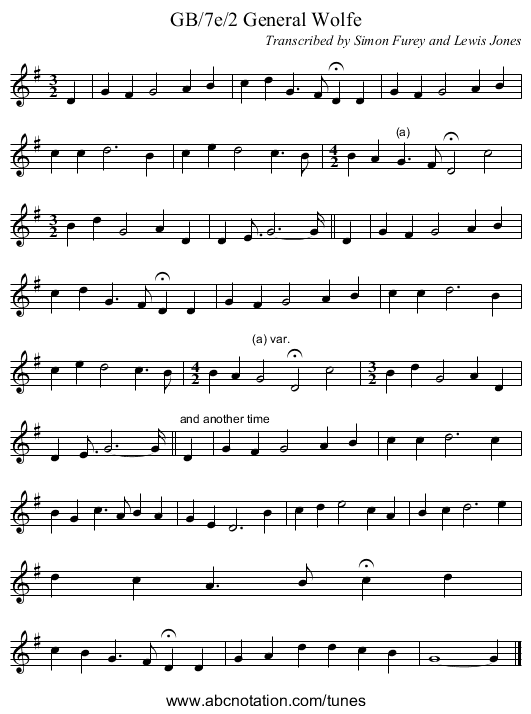 GB/7e/2 General Wolfe - staff notation