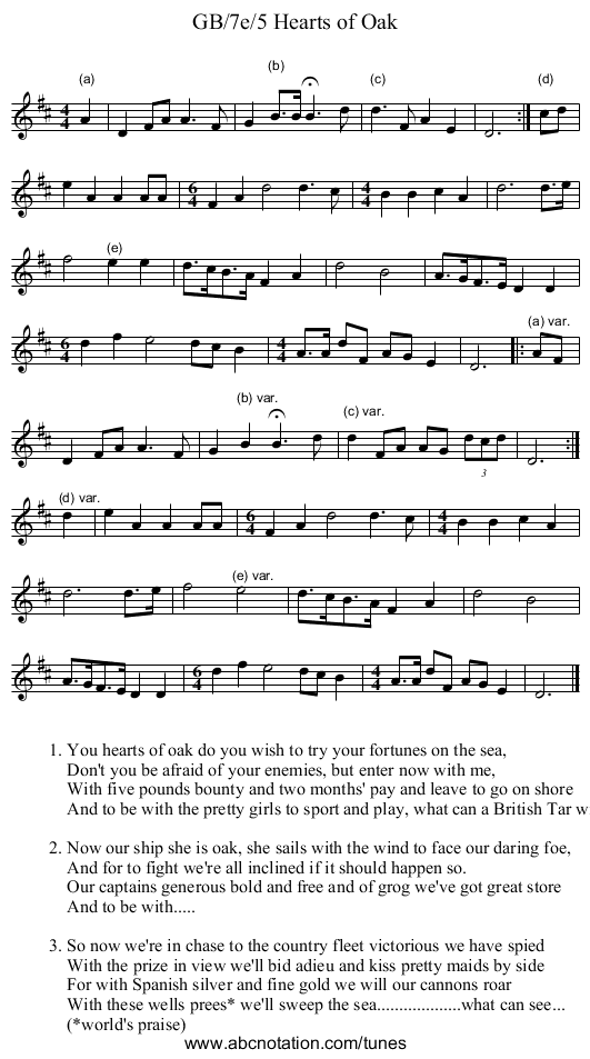 GB/7e/5 Hearts of Oak - staff notation