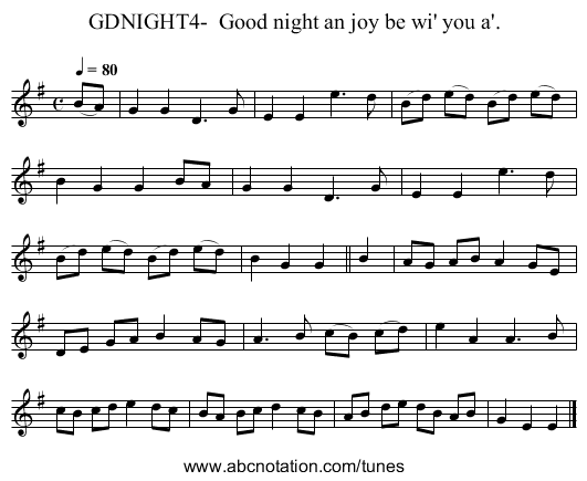 GDNIGHT4-  Good night an joy be wi' you a'. - staff notation