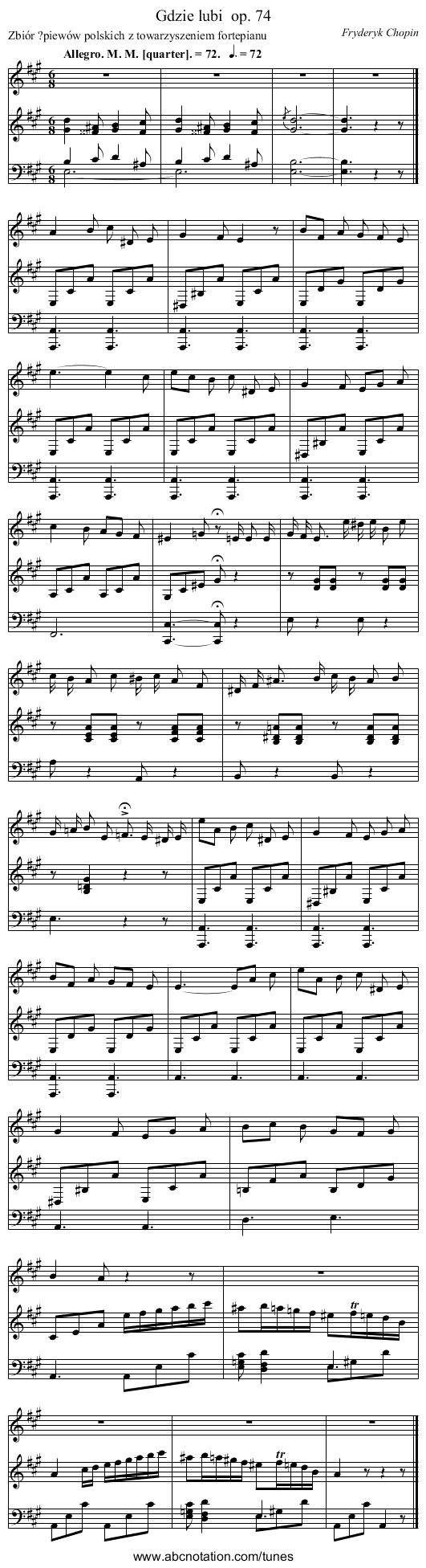 Gdzie lubi	 op. 74 - staff notation