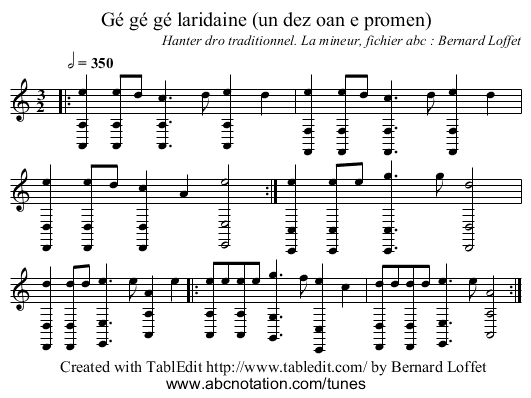 Gé gé gé laridaine (un dez oan e promen) - staff notation
