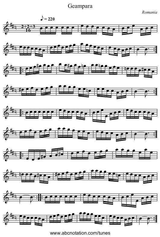 Geampara - staff notation