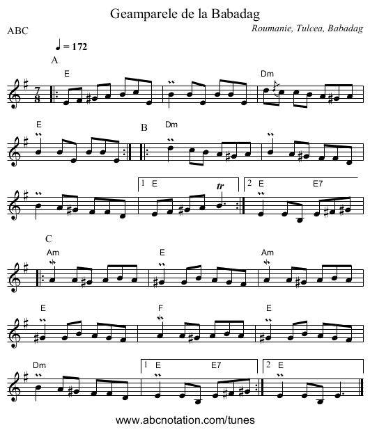 Geamparele de la Babadag - staff notation