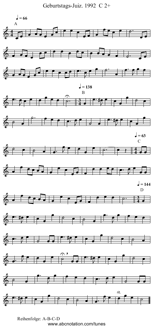 Geburtstags-Juiz. 1992  C 2+ - staff notation