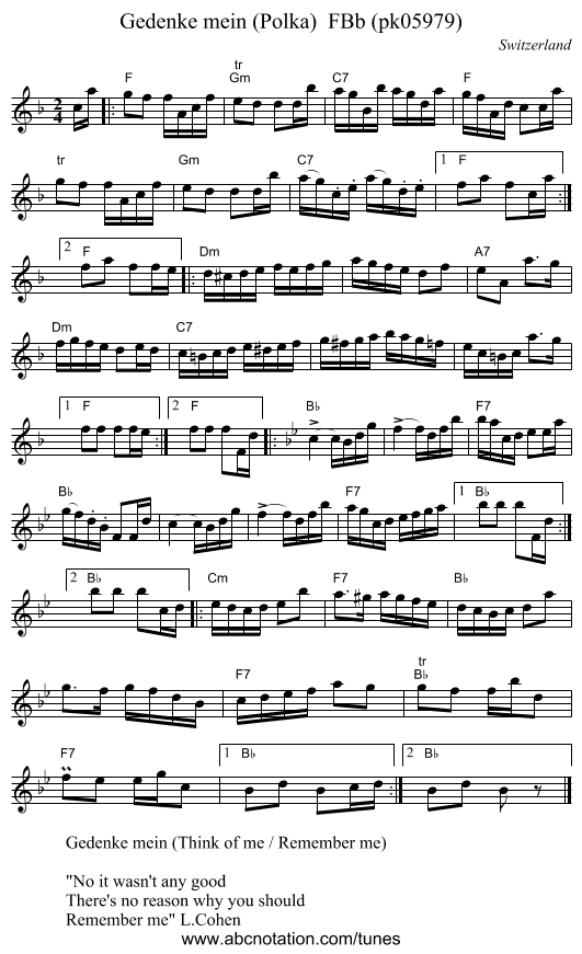Gedenke mein (Polka) FBb (pk05979) - staff notation