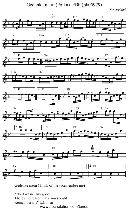 Gedenke mein (Polka)  FBb (pk05979) - staff notation