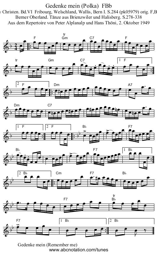 Gedenke mein (Polka)  FBb - staff notation
