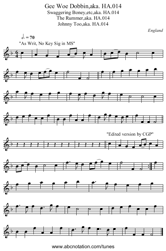 Gee Woe Dobbin,aka. HA.014 - staff notation