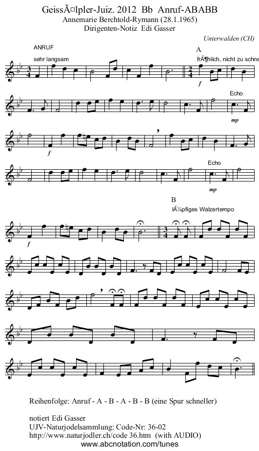 GeissÃ¤lpler-Juiz. 2012  Bb  Anruf-ABABB - staff notation