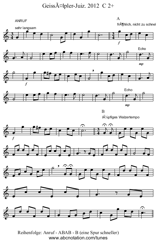 Geissälpler-Juiz. 2012 C 2+ - staff notation