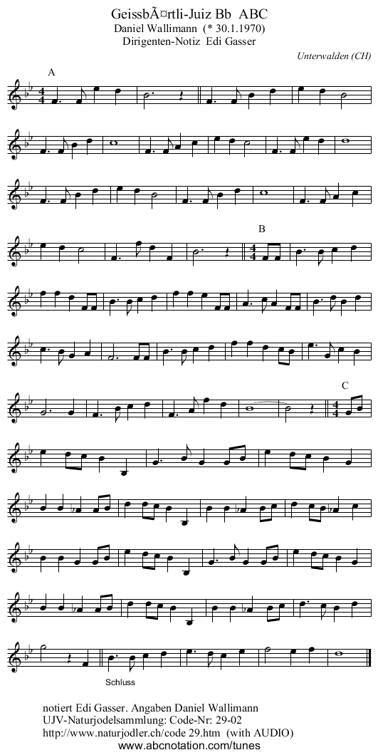 GeissbÃ¤rtli-Juiz Bb  ABC - staff notation