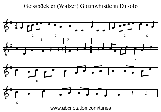 Geissb&ouml;ckler (Walzer) G (tinwhistle in D) solo - staff notation