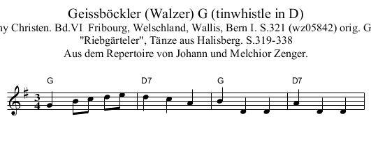 Geissb&ouml;ckler (Walzer) G (tinwhistle in D) - staff notation
