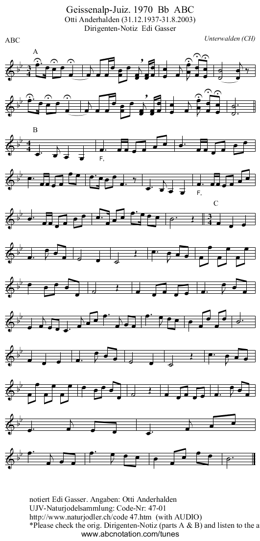 Geissenalp-Juiz. 1970  Bb  ABC - staff notation