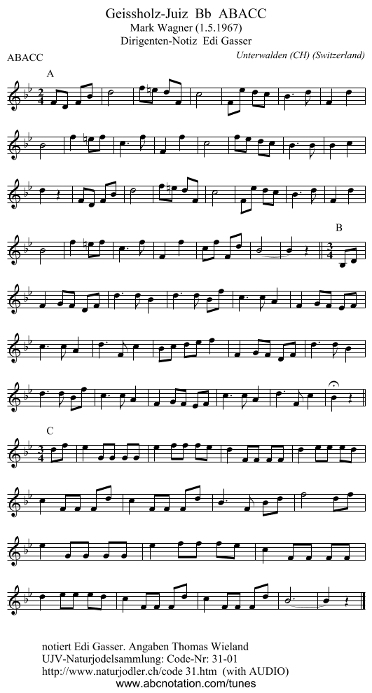 Geissholz-Juiz  Bb  ABACC - staff notation
