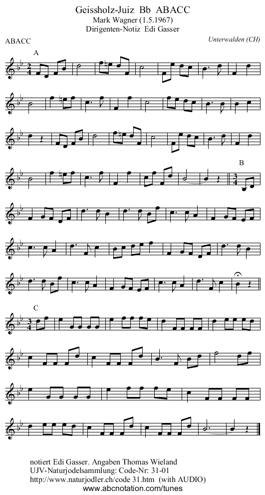 Geissholz-Juiz  Bb  ABACC - staff notation