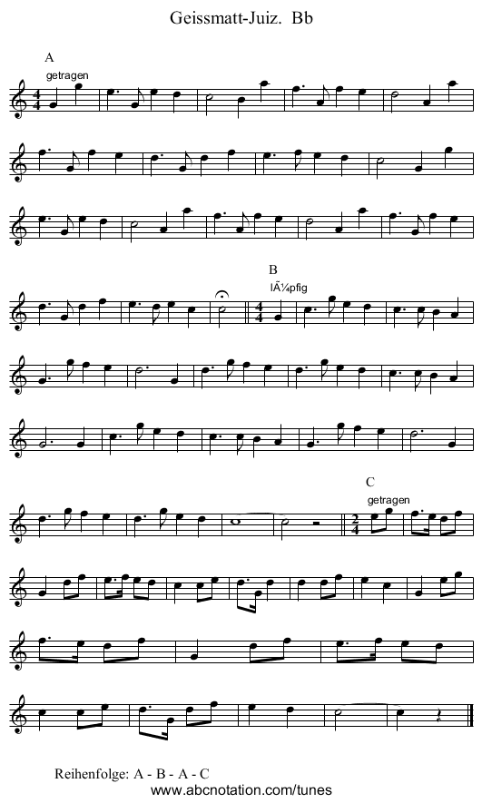 Geissmatt-Juiz. Bb - staff notation
