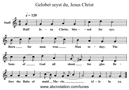 Gelobet seyst du, Jesus Christ - staff notation