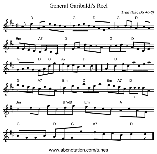 General Garibaldi's Reel - staff notation