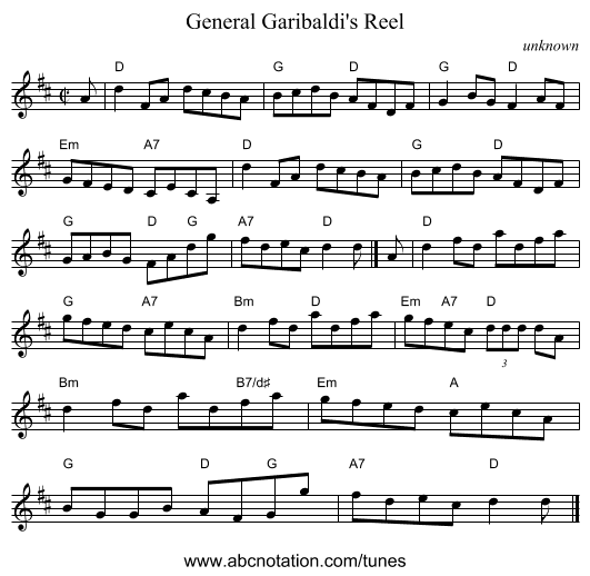 General Garibaldi's Reel - staff notation