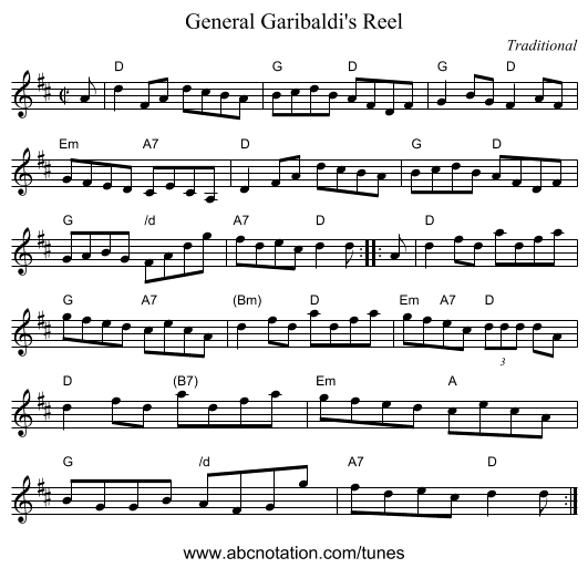 General Garibaldi's Reel - staff notation