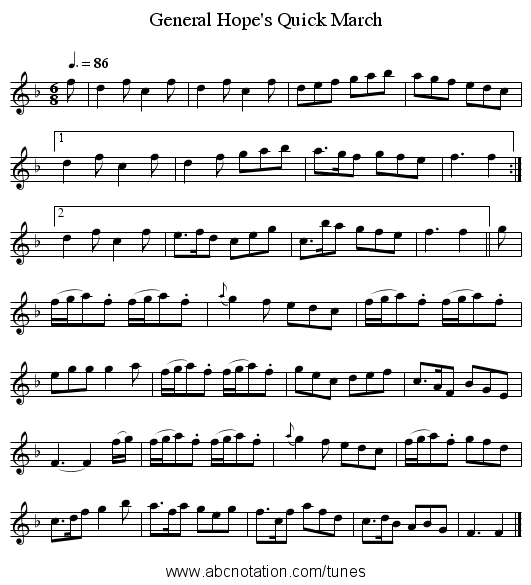 General Hope's Quick March - staff notation