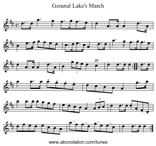General Lake's March - staff notation