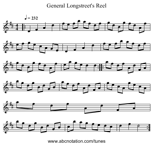 General Longstreet's Reel - staff notation