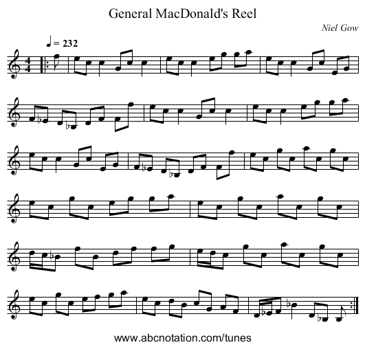 General MacDonald's Reel - staff notation