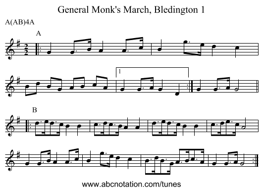 General Monk's March, Bledington 1 - staff notation