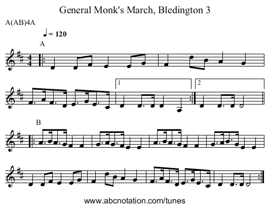 General Monk's March, Bledington 3 - staff notation
