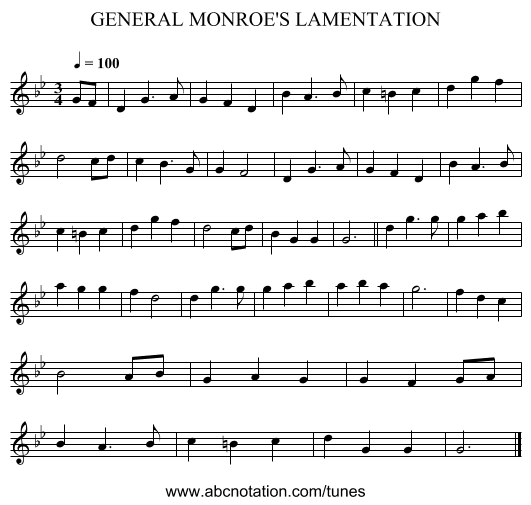 GENERAL MONROE'S LAMENTATION - staff notation