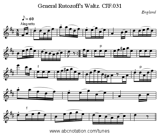 General Rutozoff's Waltz. CJF.031 - staff notation